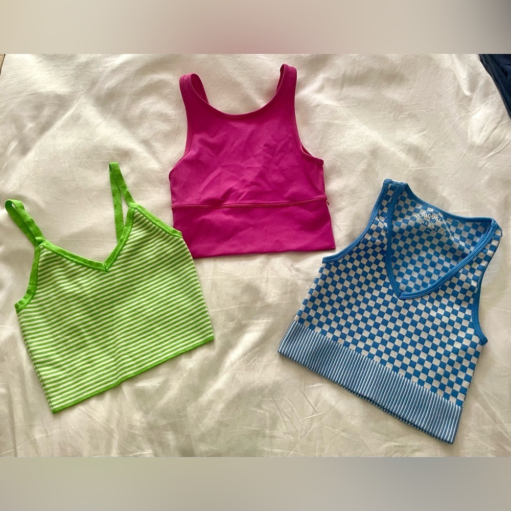 Three cropped tanks: lululemon, aeropostale, LA hearts, green/pink/blue, XS